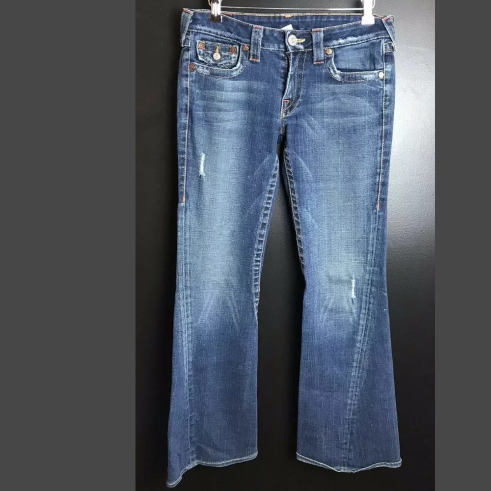 Vtg TRUE RELIGION Flare Leg Denim Jeans Flap Pockets Desinger Low Mid Rise Boot